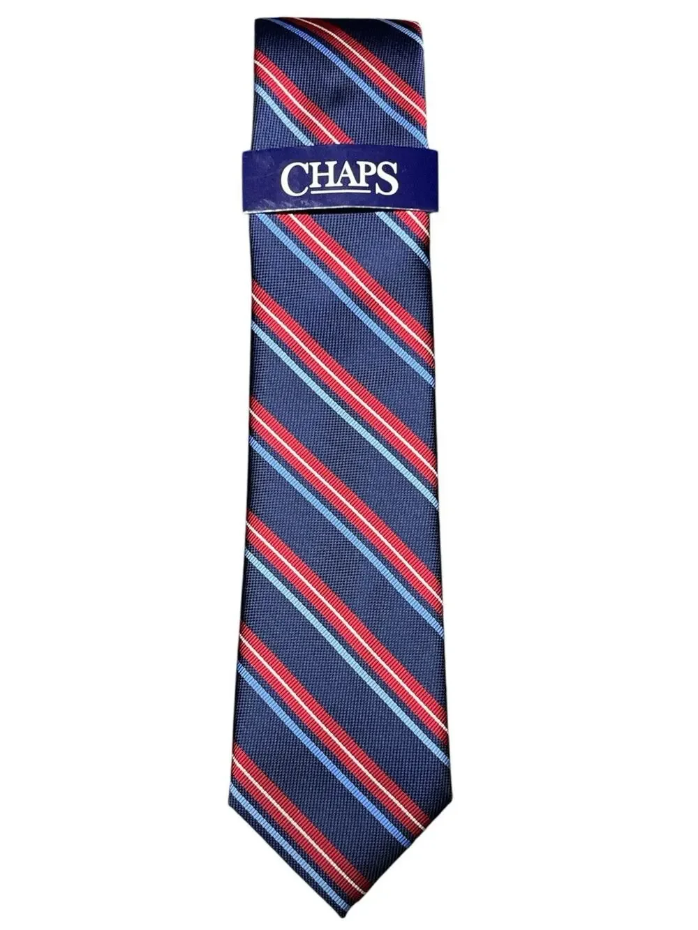 CHAPS Men’s Striped Necktie Navy Red Blue White 100% Polyester NWT